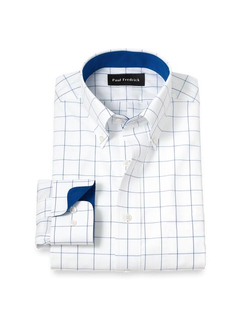 Non-Iron Cotton Windowpane Dress Shirt With Contrast Trim - Cobalt Product Image