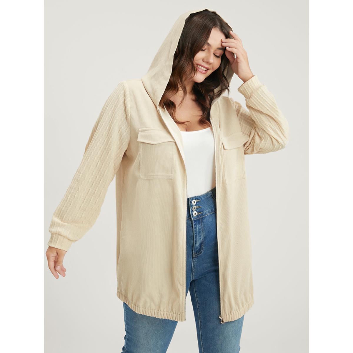 Plus Size Solid Flap Pocket Zip Up Hooded Coat Women Beige Casual Patchwork Ladies Dailywear Winter Coats BloomChic 10/M Product Image