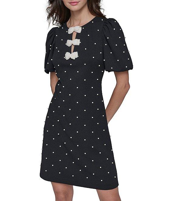 KARL LAGERFELD PARIS Dotted Scuba Crepe Round Neck Short Puff Sleeve Pearl Bow Sheath Dress Product Image