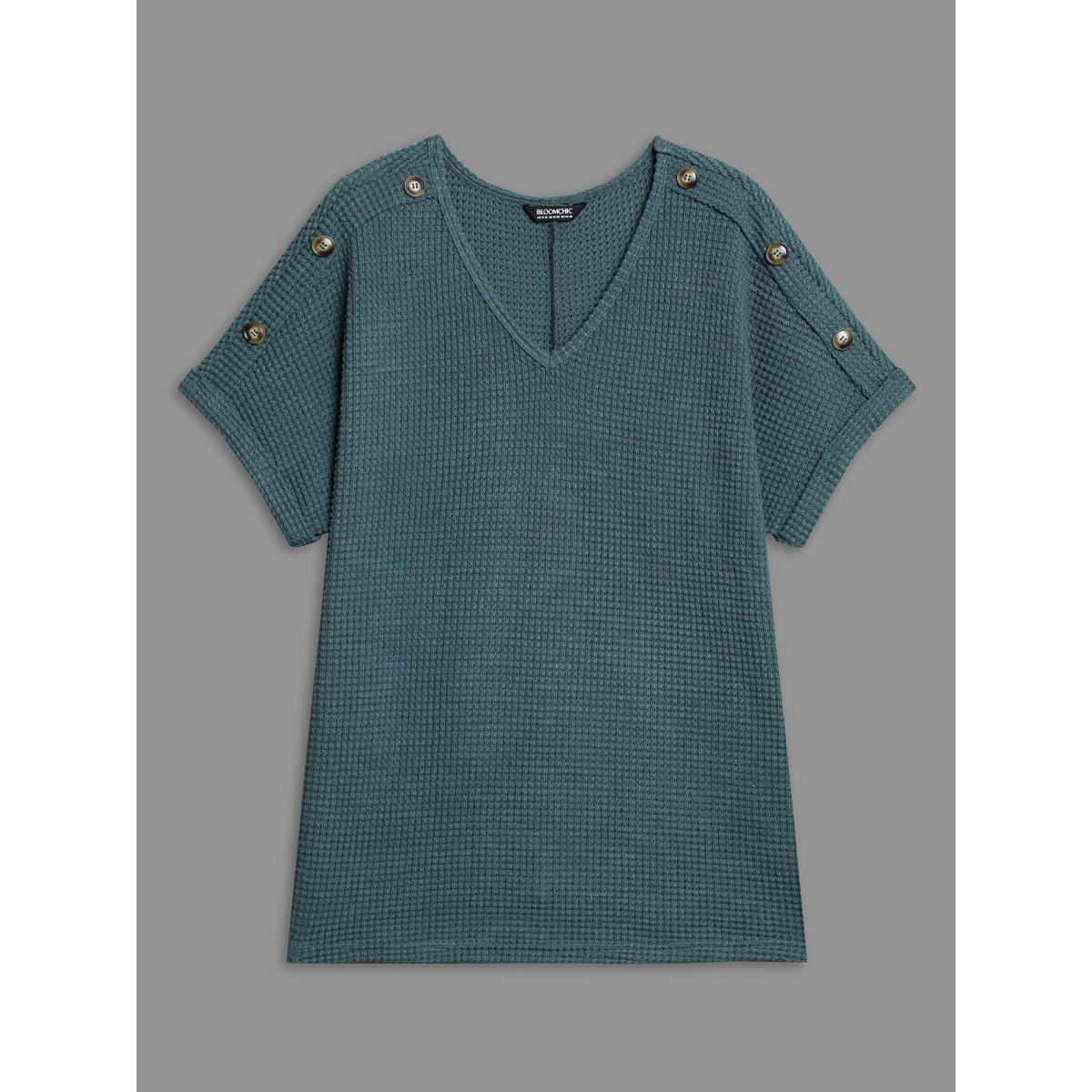 Plus Size Stretchy Buttons Fitted Waffle Knit T-Shirt Teal Women Casual Texture V-neck Everyday T-shirts BloomChic 30/6X Product Image