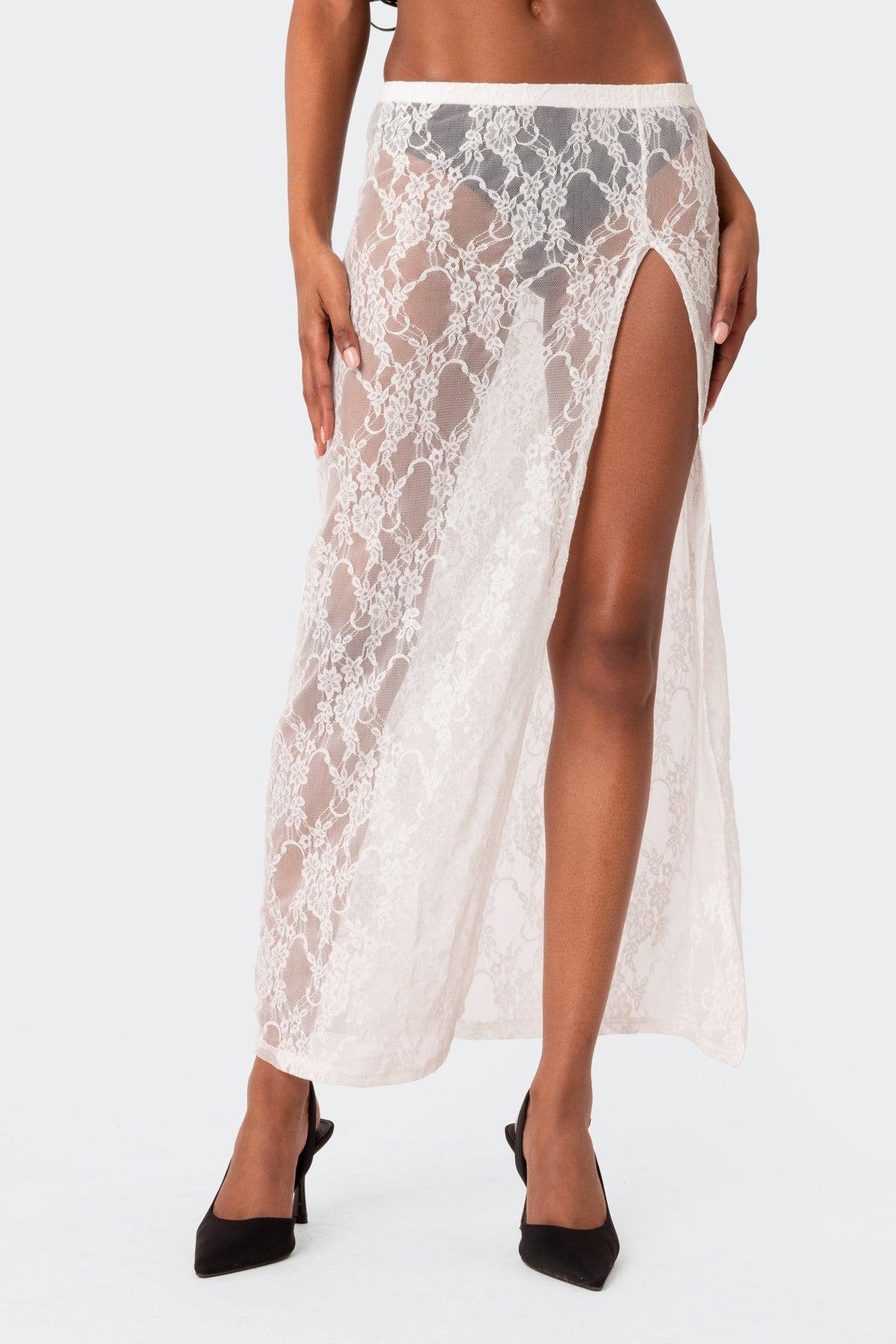 Aura Low Rise Sheer Lace Maxi Skirt Product Image