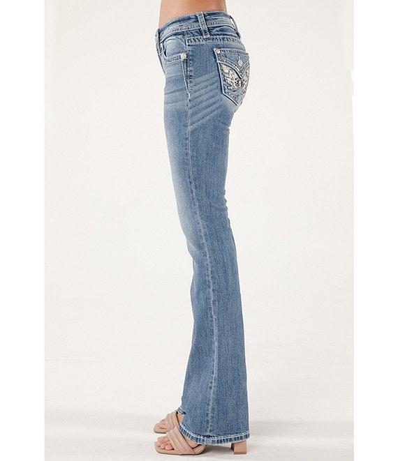 Miss Me Mid Rise Embellished Wing Back Flap Pocket 34#double; Inseam Bootcut Jeans Product Image