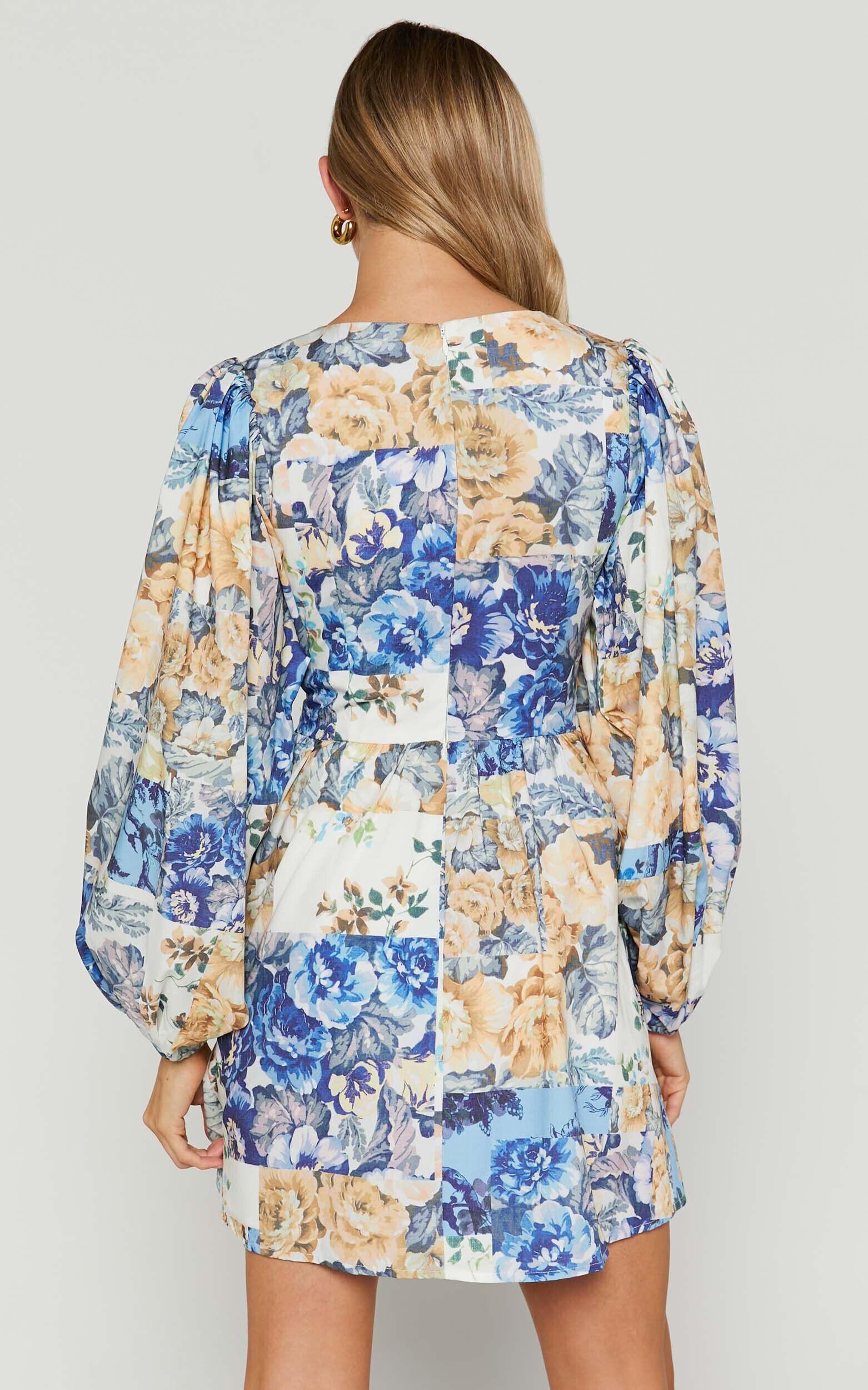 Emily Mini Dress - V Neck Long Sleeve Cut Out Dress in Patchwork Floral Product Image