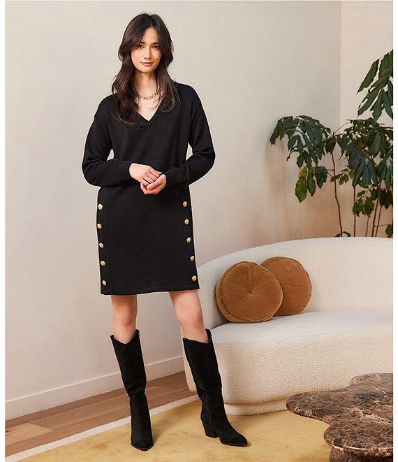 Karen Kane Knit Long Sleeve V-Neck Button Detail Dress Product Image