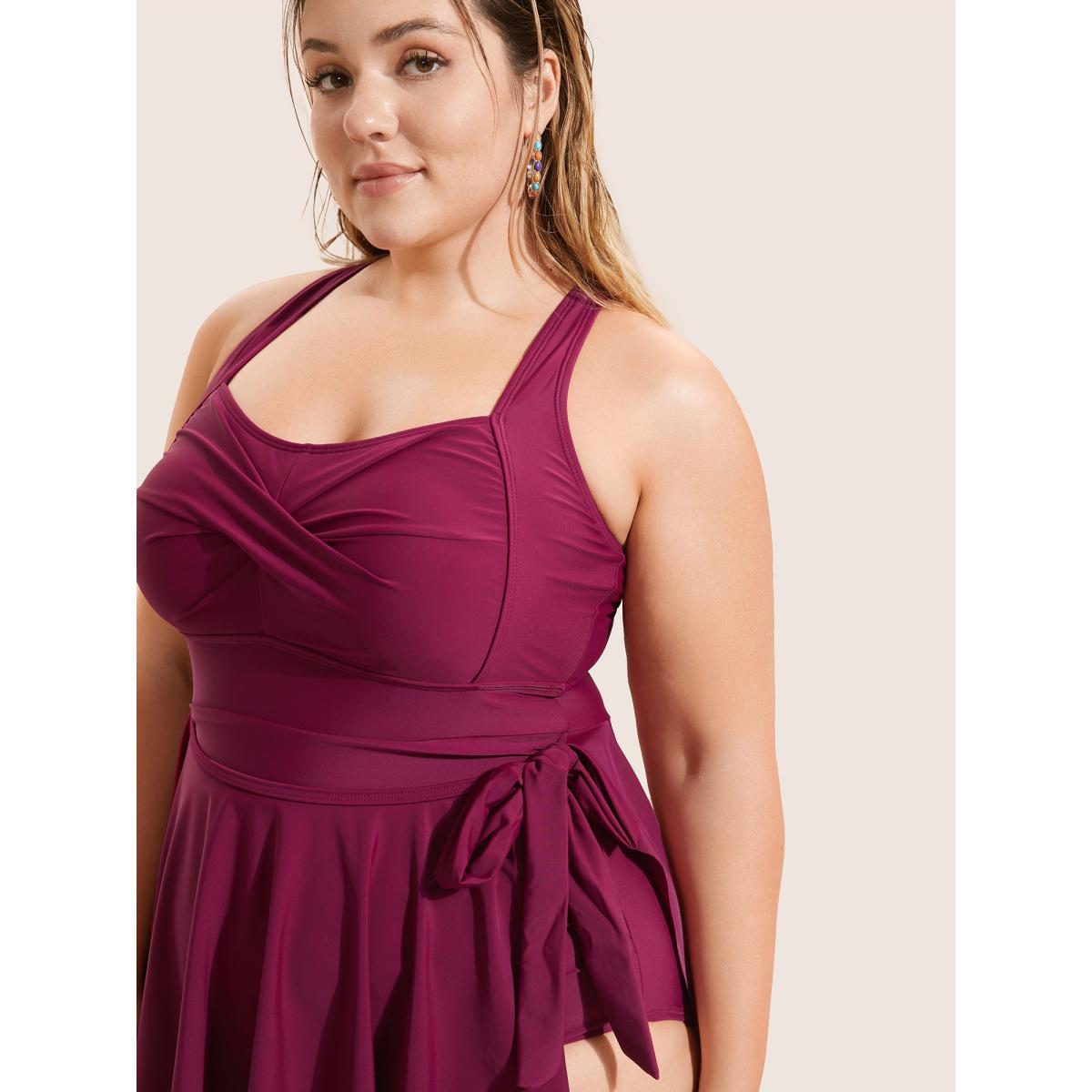 Plus Size Plain Crossover Knotted Asymmetrical Hem Swim Dress Women's Swimwear RedViolet Beach Bodycon Heart neckline High stretch Curve Swim Dresses BloomChic 22-24/3X Product Image