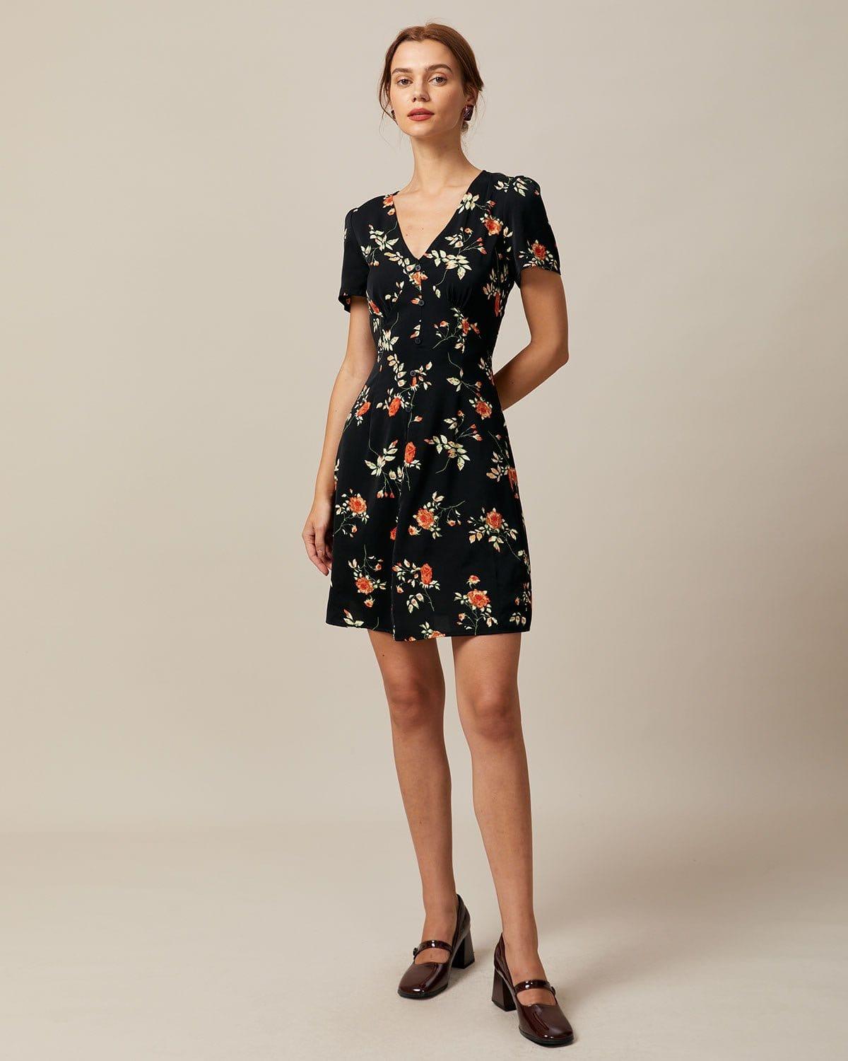 The Black V Neck Floral Button Up Mini Dress Product Image