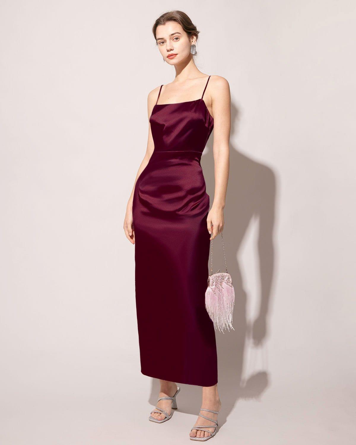 The Red Back Slit Satin Sling Maxi Dress Female Product Image