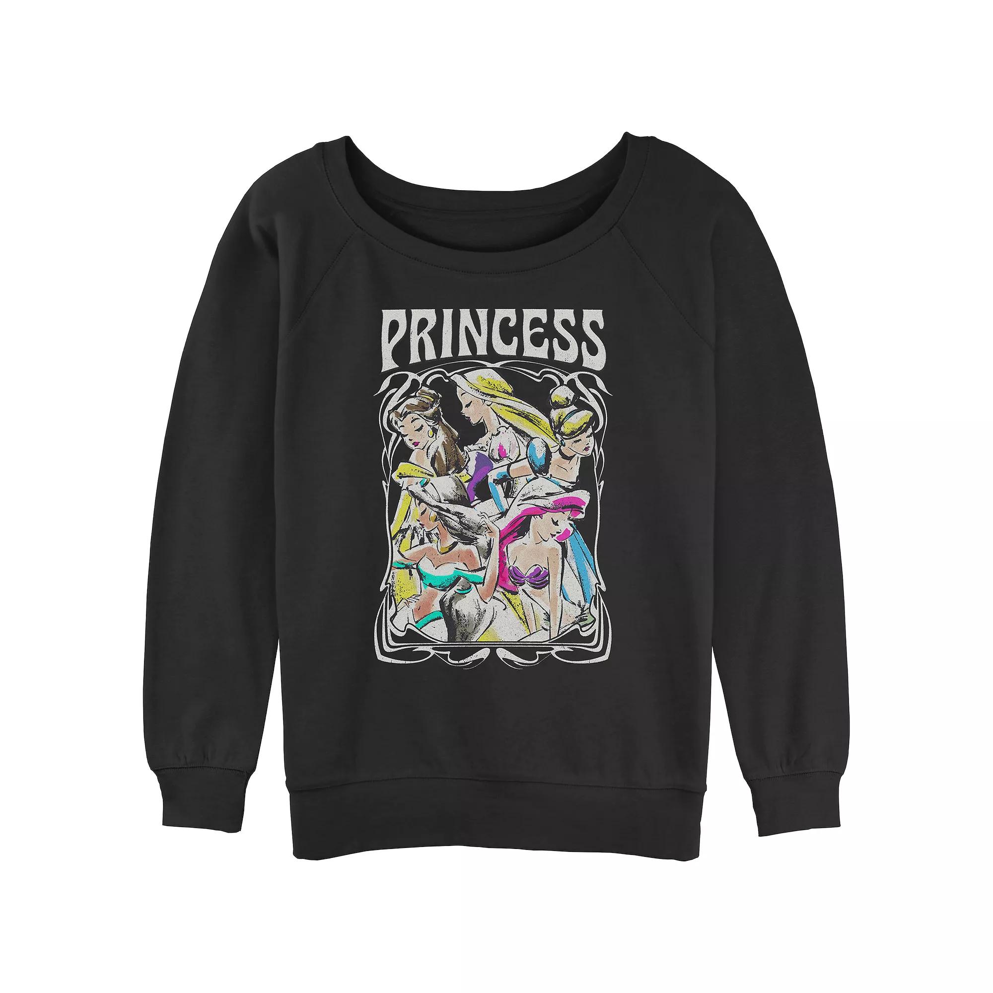 Disney's Belle, Rapunzel, Cinderella, Jasmine & Ariel Princess Profile Portrait Juniors' Graphic Slouchy Terry, Women's, Size: Small, Black Product Image