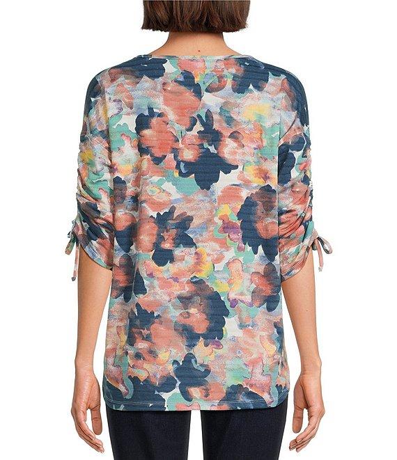 Westbound Petite Size Knit Dark Denim Blur Floral 3/4 Ruched Sleeve Top Product Image