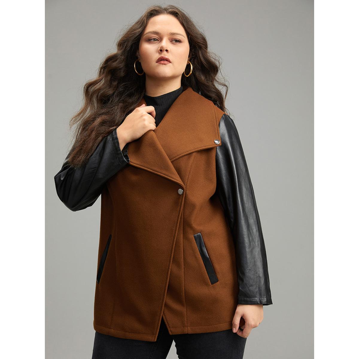 Plus Size Contrast PU Leather Lapel Collar Pocket Button Up Coat Women Tan Casual Contrast Ladies Dailywear Winter Coats BloomChic 26/4X Product Image