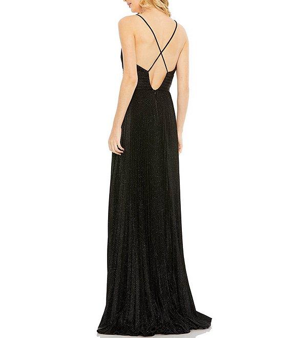 Mac Duggal Metallic Pleated Deep V-Neck Crisscross Back Detail Sleeveless Gown Product Image
