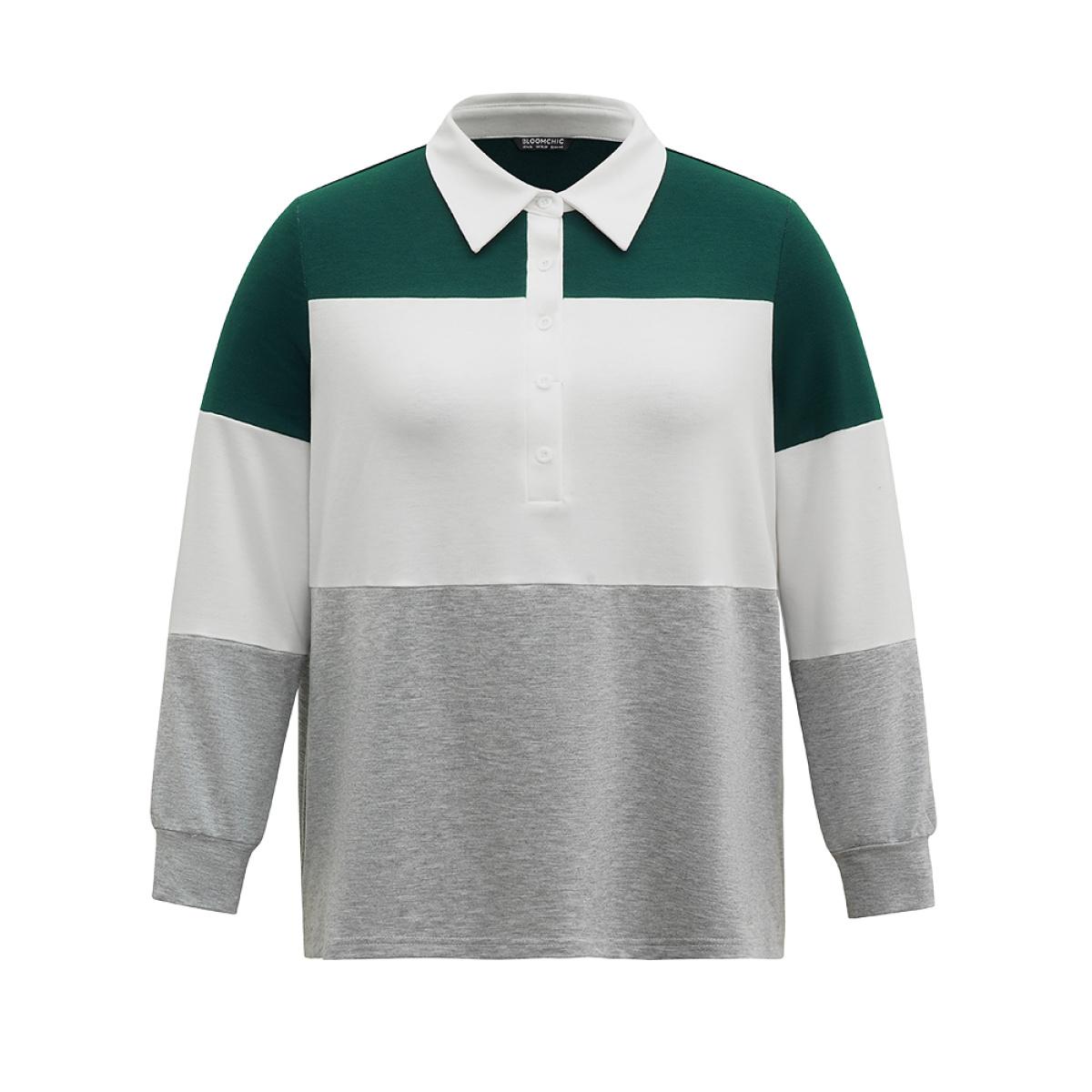 Plus Size Colorblock Contrast Button Up Polo Sweatshirt Women Multicolor Casual Contrast Polo Dailywear Sweatshirts BloomChic 10/M Product Image