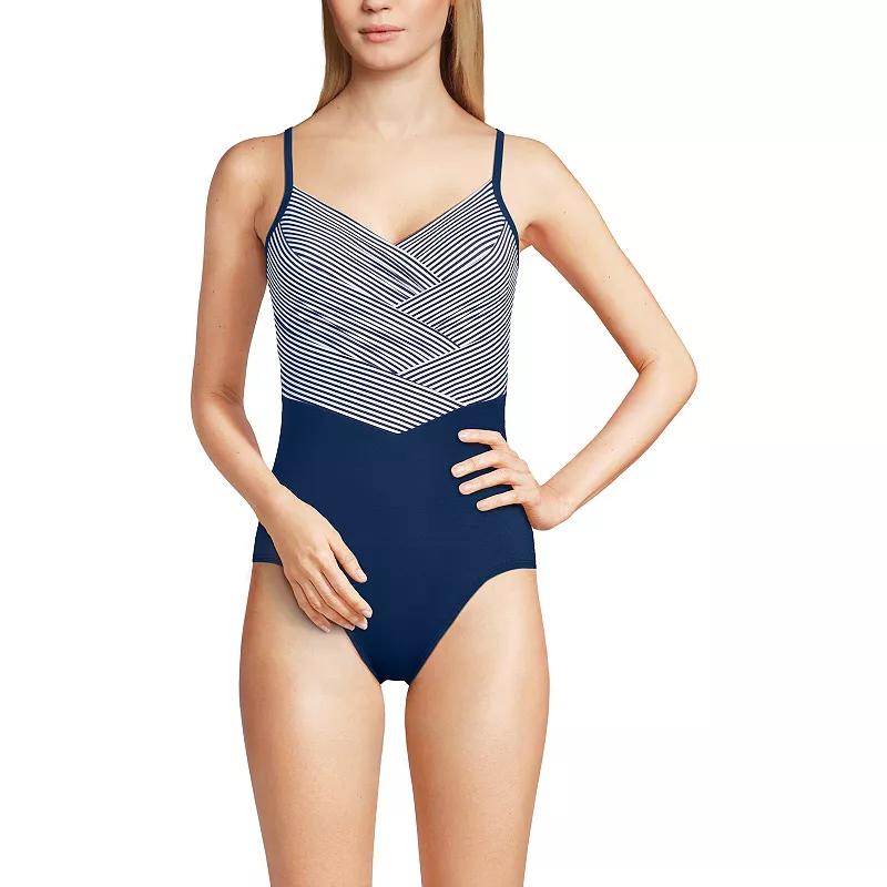 Women's Lands' End Slendertex V-Neck Pleated Crossback One-Piece Swimsuit, Size: 8, Blue Mini Stripe Product Image