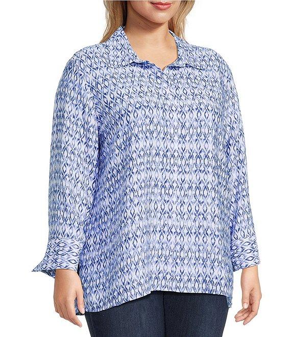 John Mark Plus Size Allover Ikat Print Point Collar 3/4 Sleeve Hi-Low Hem Button-Front Shirt Product Image