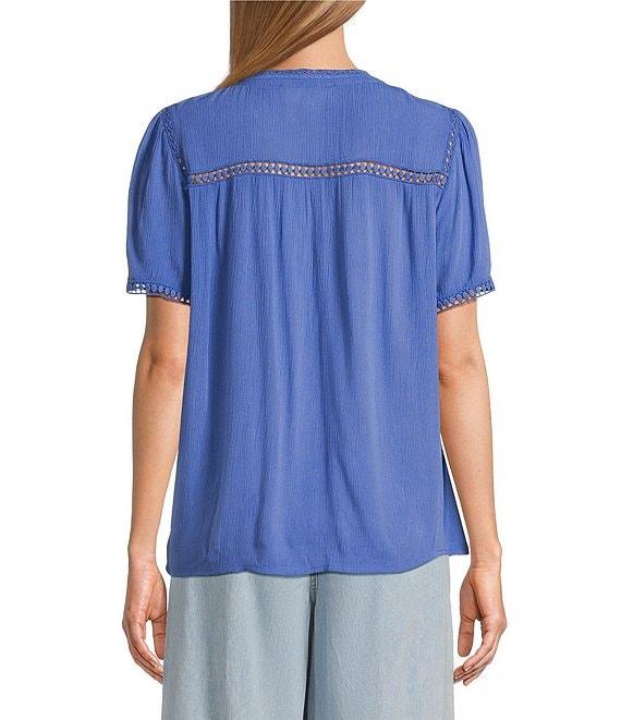 Nurture Crinkle Woven Embroidered Short Sleeve V-Neck Top Product Image