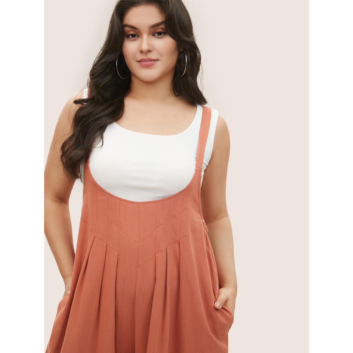 Plus Size Rust Solid Texture Pleated Adjustable Straps Jumpsuit Women Casual Sleeveless Non Everyday Loose Jumpsuits BloomChic 10/M Product Image