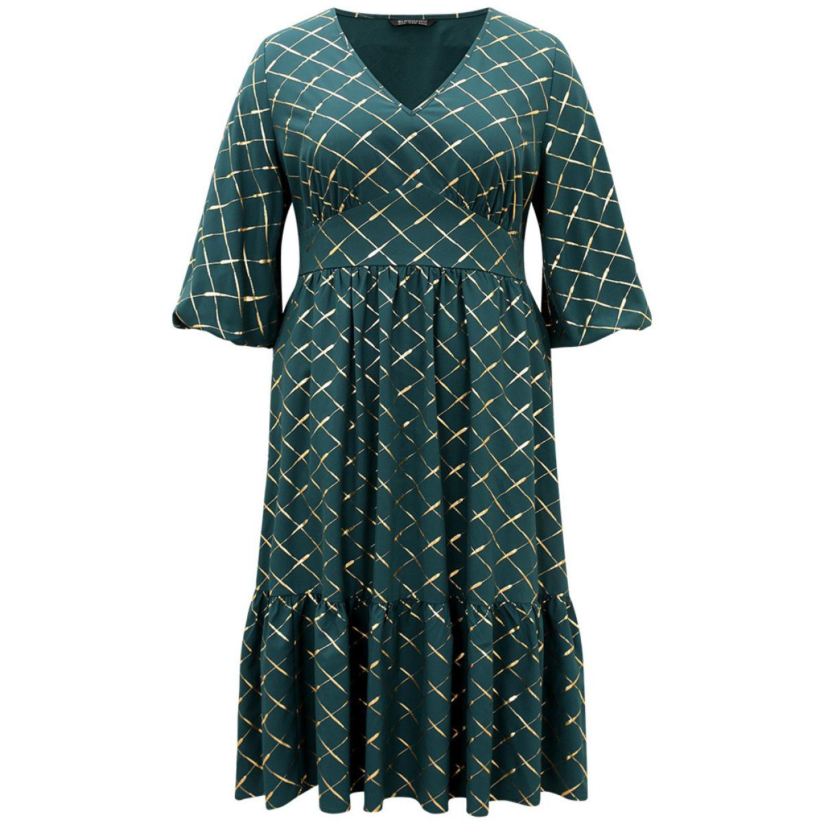 Plus Size Glitter Plaid Lantern Sleeve Ruffle Hem Dress DarkGreen Women Party Elastic cuffs V-neck Elbow-length sleeve Curvy Midi Dress BloomChic 10/M Product Image