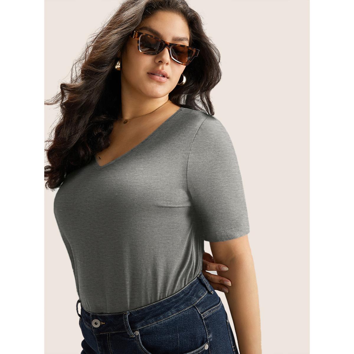Plus Size Cotton V Neck Plain Basic T-shirt Mediumgray Women Leisure Non Plain V-neck Casual T-shirts BloomChic 22-24/3X Product Image