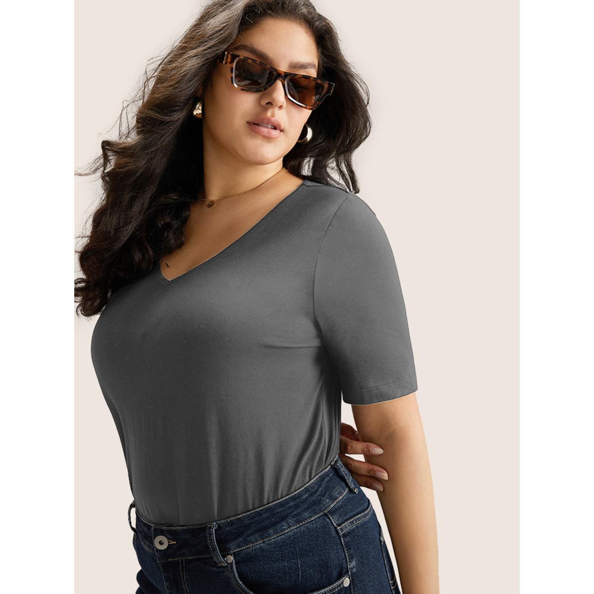 Plus Size Cotton V Neck Plain Basic T-shirt DimGray Women Basics Non Plain V-neck Everyday T-shirts BloomChic 22-24/3X Product Image