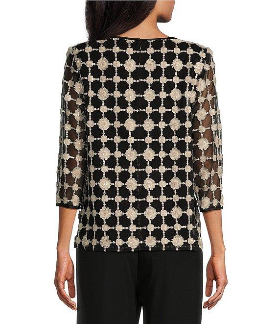 Alex Evenings Embroidered Stretch Tulle Crew Neck 3/4 Sleeve One Piece Product Image