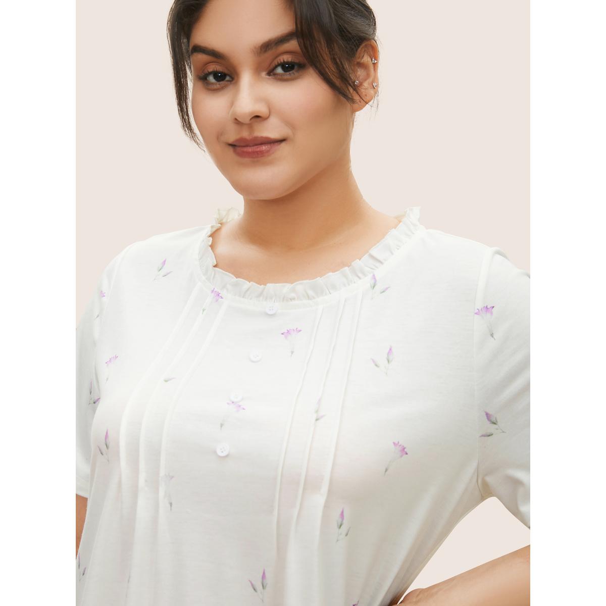 Plus Size Floral Pleated Button Detail Loungewear Set Women White Contrast Short sleeve Round Neck Lounge Loungewear Sets BloomChic 10/M Product Image