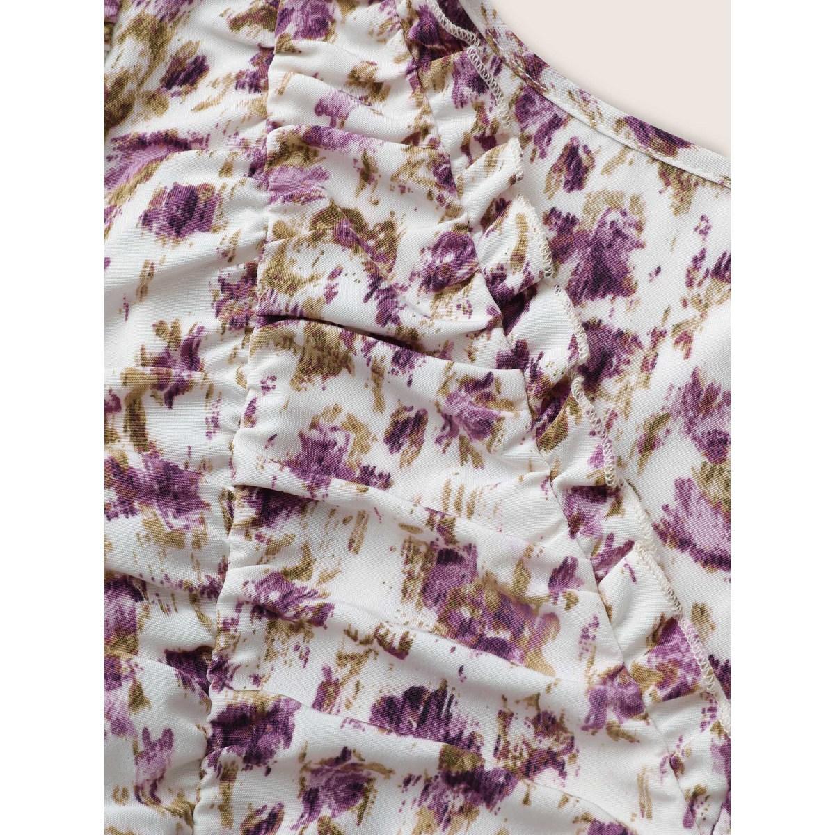 Plus Size Mauve Pixel Flower Ruched Ruffle Trim Blouse Women Elegant Short sleeve V-neck Everyday Blouses BloomChic 22-24/3X Product Image