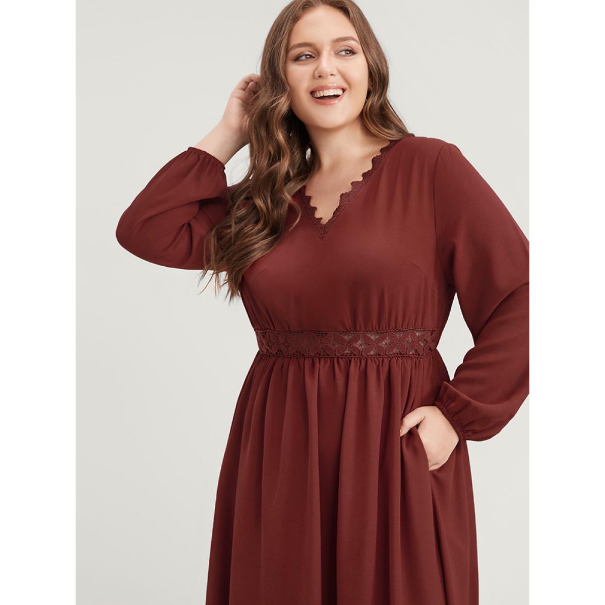 Plus Size Solid Pocket Lace Insert Lantern Sleeve Flutter Dress Scarlet Women Elegant V-neck Long Sleeve Curvy Midi Dress BloomChic 10/M Product Image