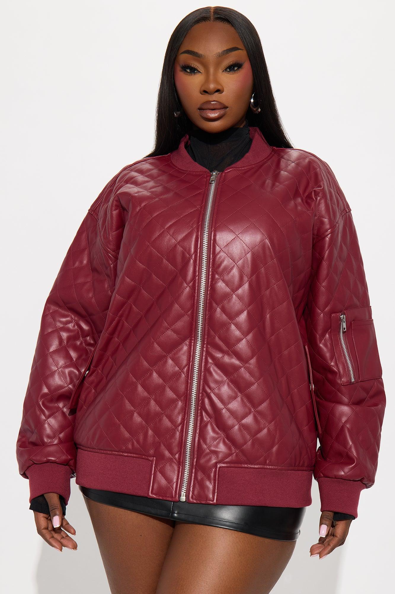 Around The Way Quilted Faux Leather Bomber Jacket - Burgundy Female Product Image