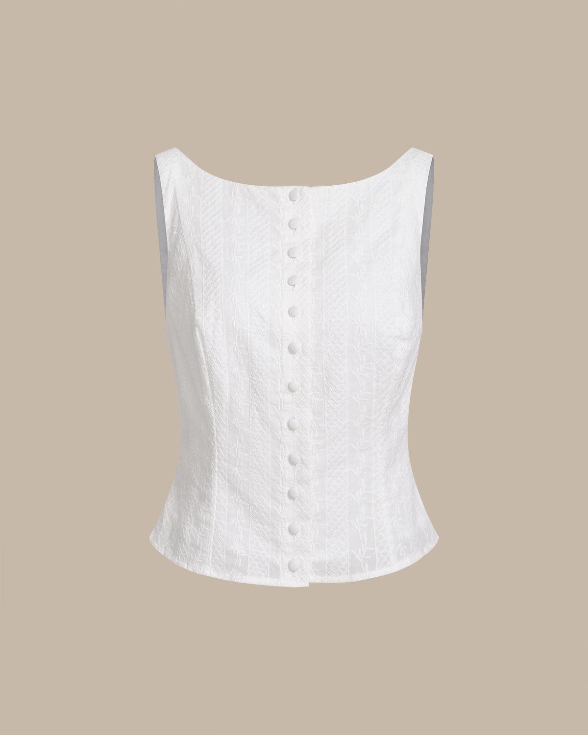 White Textured Boat Neck Button Vest Product Image