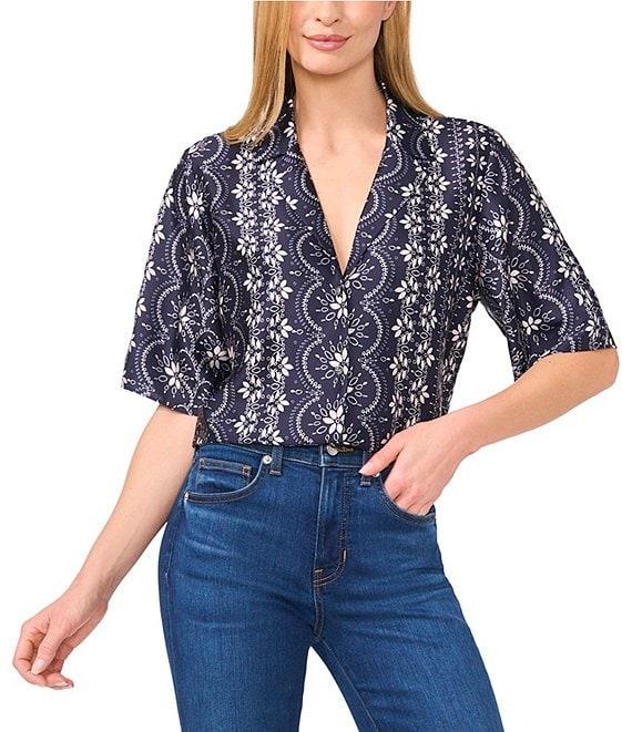 CeCe Woven Notch Collar Short Sleeve Button Front Camp Coordinating Shirt Product Image