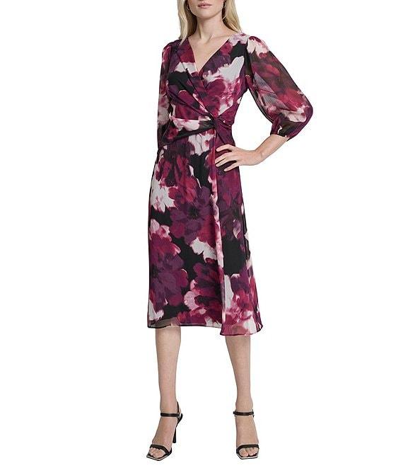 DKNY by Donna Karan Chiffon Floral Print Bubble Sleeve Midi Dress Product Image