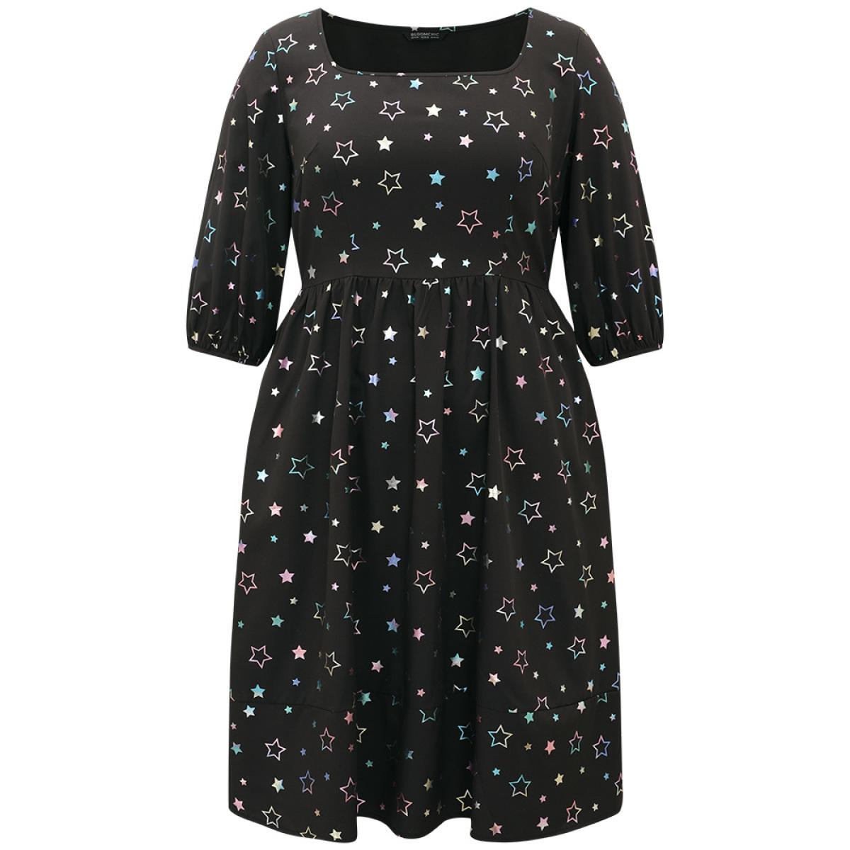 Plus Size Heart Glitter Square Neck Lantern Sleeve Dress Black Women Cocktail Elastic cuffs Square Neck Half Sleeve Curvy Midi Dress BloomChic 14-16/1X Product Image