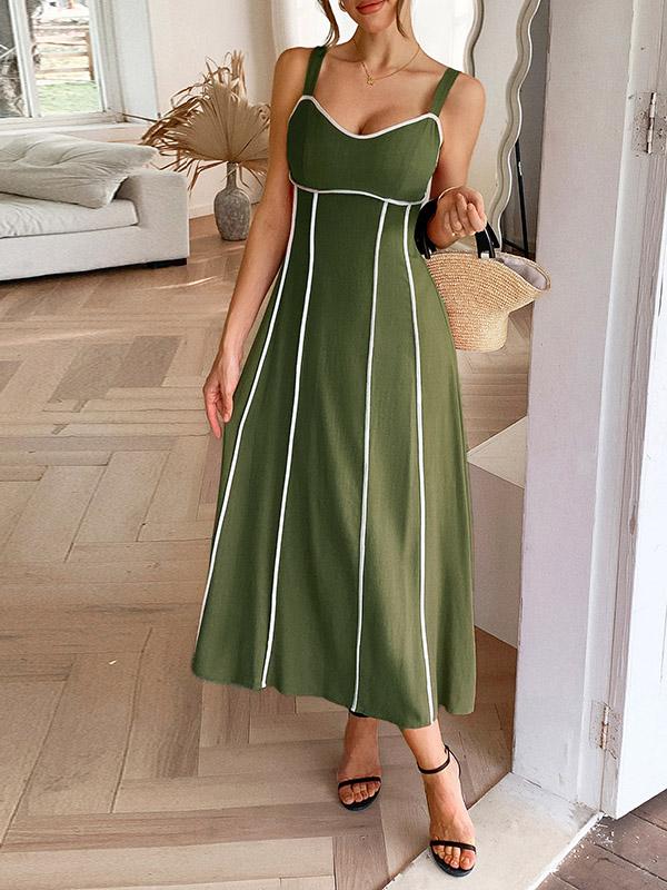 A-Line High Waisted Contrast Color Zipper Spaghetti-Neck Midi Dresses Product Image