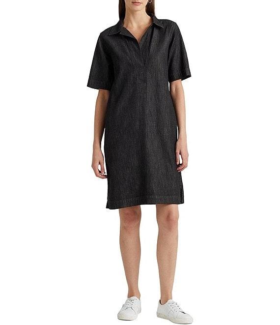 Lauren Ralph Lauren Denim Shift Johnny Collar Short Sleeve Shirt Dress Product Image