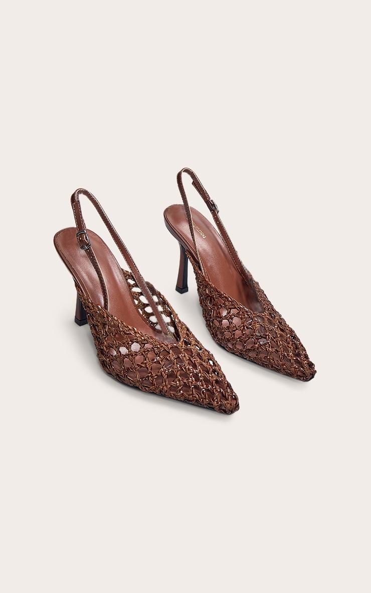 Chocolate Pu Point Toe Woven High Heeled Sling Back Courts Product Image