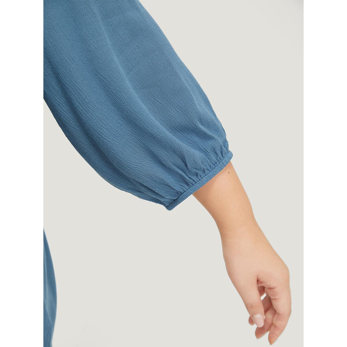 Plus Size Stone Plain Button Up Gathered Lantern Sleeve Blouse Women Elegant Elbow-length sleeve Round Neck Dailywear Blouses BloomChic 14-16/1X Product Image