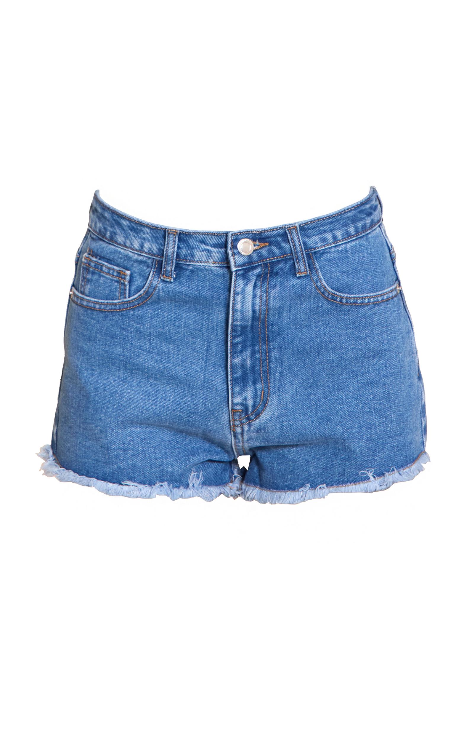 Mid Blue Wash Denim Frayed Hem Shorts Product Image