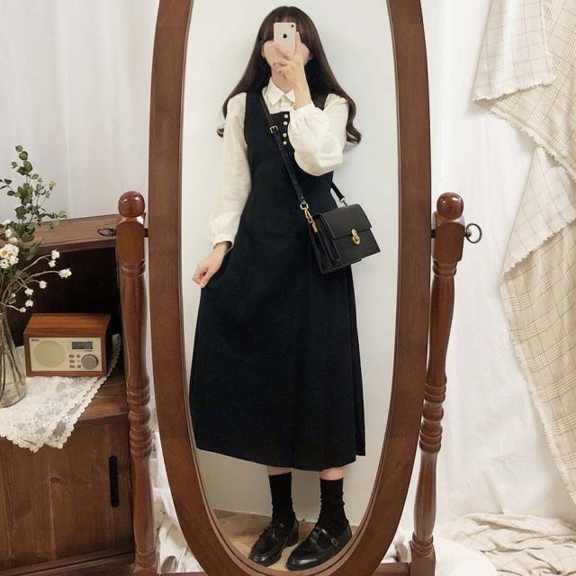 Plain Long-Sleeve Blouse / Midi A-Line Overall Dress Product Image