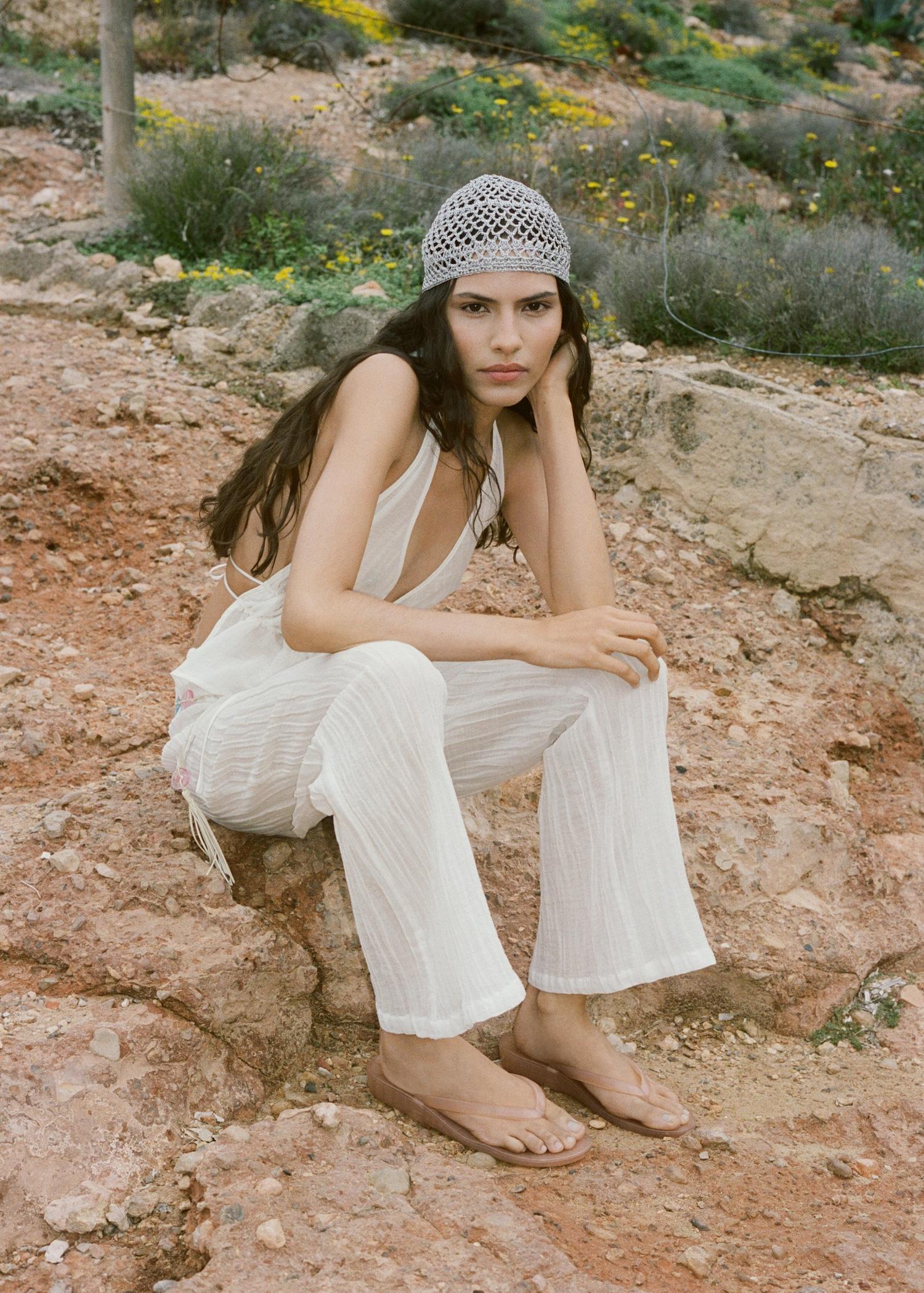 Fluid ramie pants with bow - Women | MANGO USA Product Image