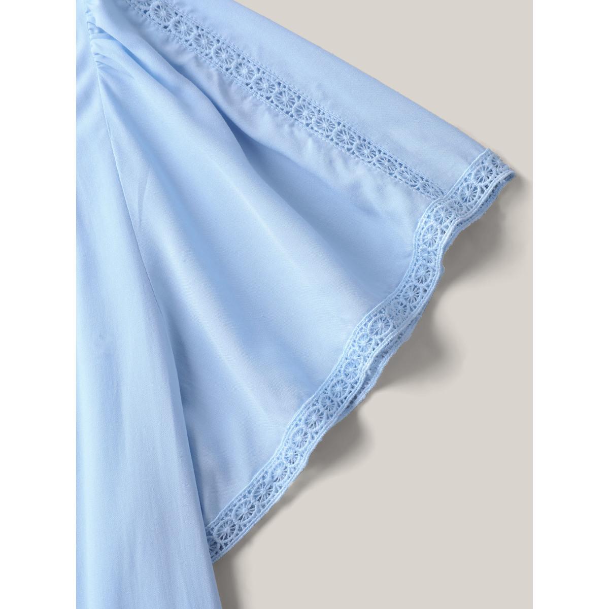 Plus Size LightBlue Rayon Lace Trim Spliced Blouse Women Short sleeve V-neck Vacation Blouses BloomChic 12/L Product Image