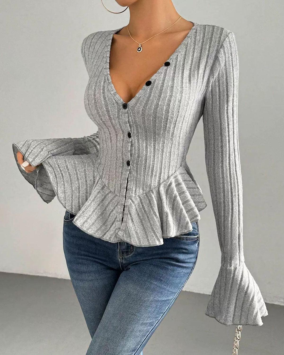 Grey V Neck Bell Sleeve Knit Tee Product Image