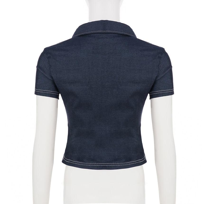 Short-Sleeve V-Neck Contrast Stitching Denim Crop Slim Fit Shirt Product Image