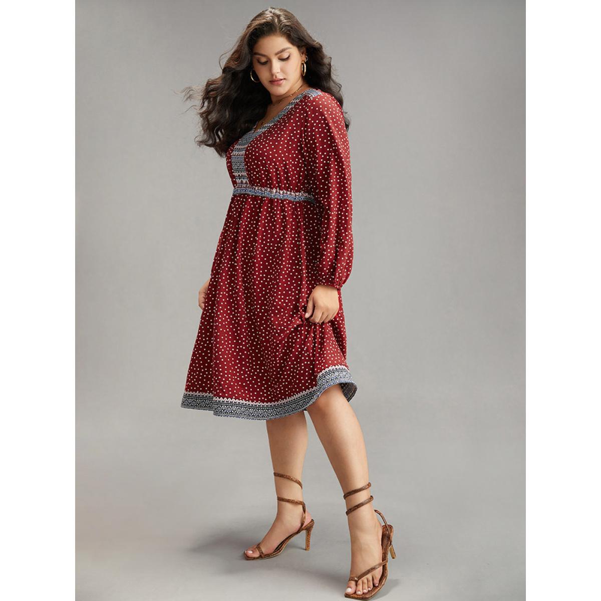 Plus Size Boho Print Lantern Sleeve Elastic Waist Dress Raspberry Women Vacation Elastic cuffs V-neck Long Sleeve Curvy Midi Dress BloomChic 12/L Product Image