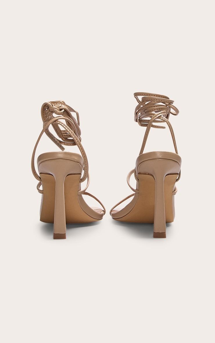 Nude Pu Square Toe Strappy Lace Up Mid Stiletto Heeled Sandals Product Image