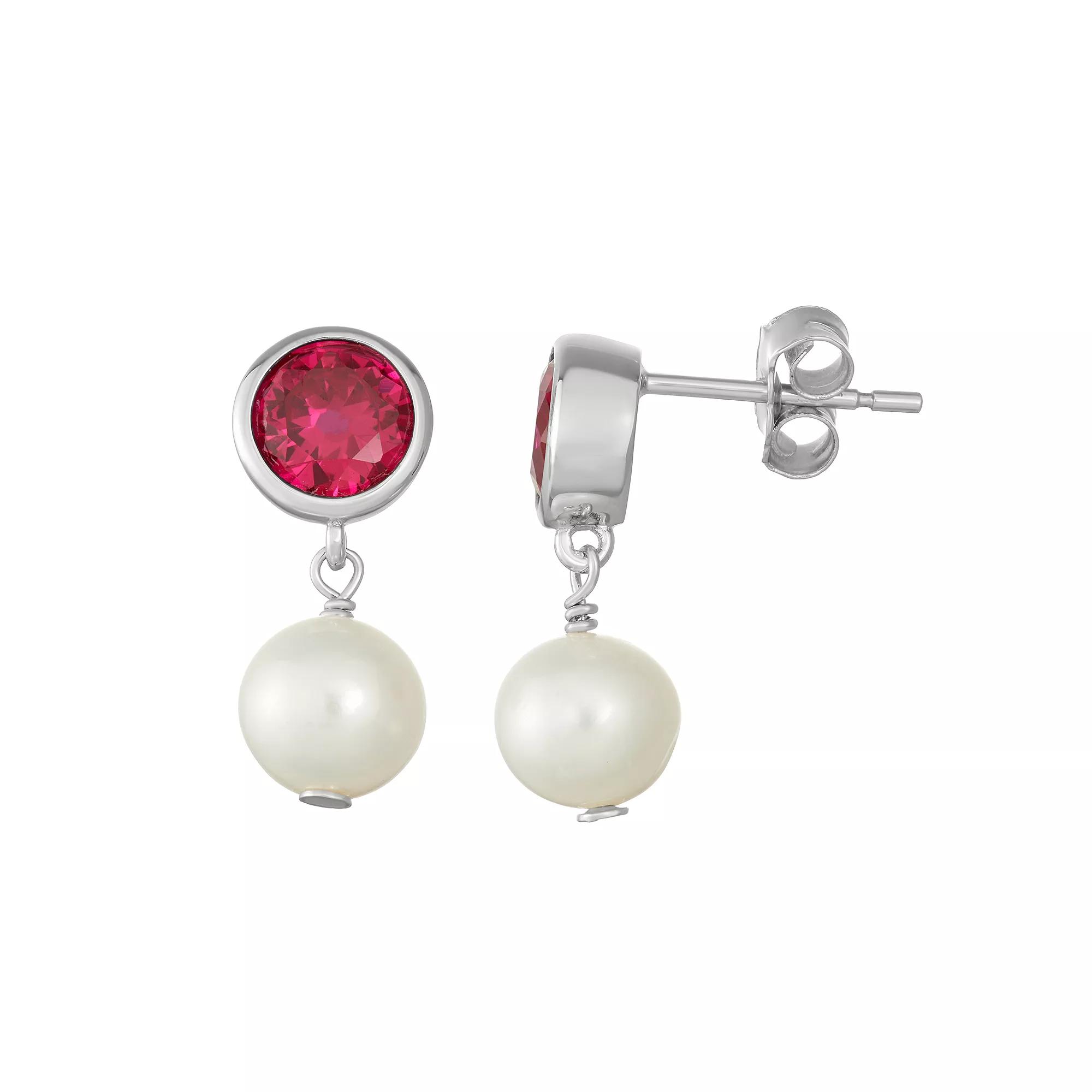 Sterling Silver Lab-Created Red Sapphire & Freshwater Cultured Pearl Drop Earrings, Women's Product Image
