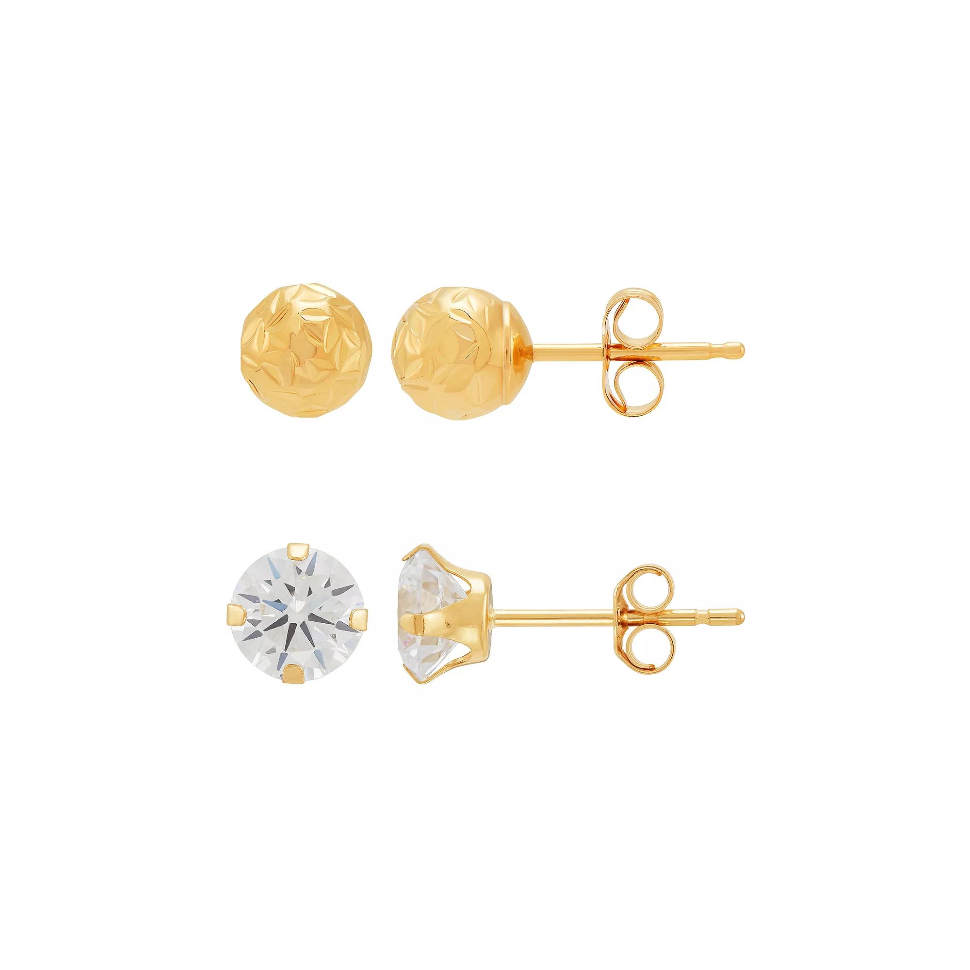 Everlasting Gold 10k Gold Crystal Cut Ball & Cubic Zirconia Earrings Set, Womens Product Image