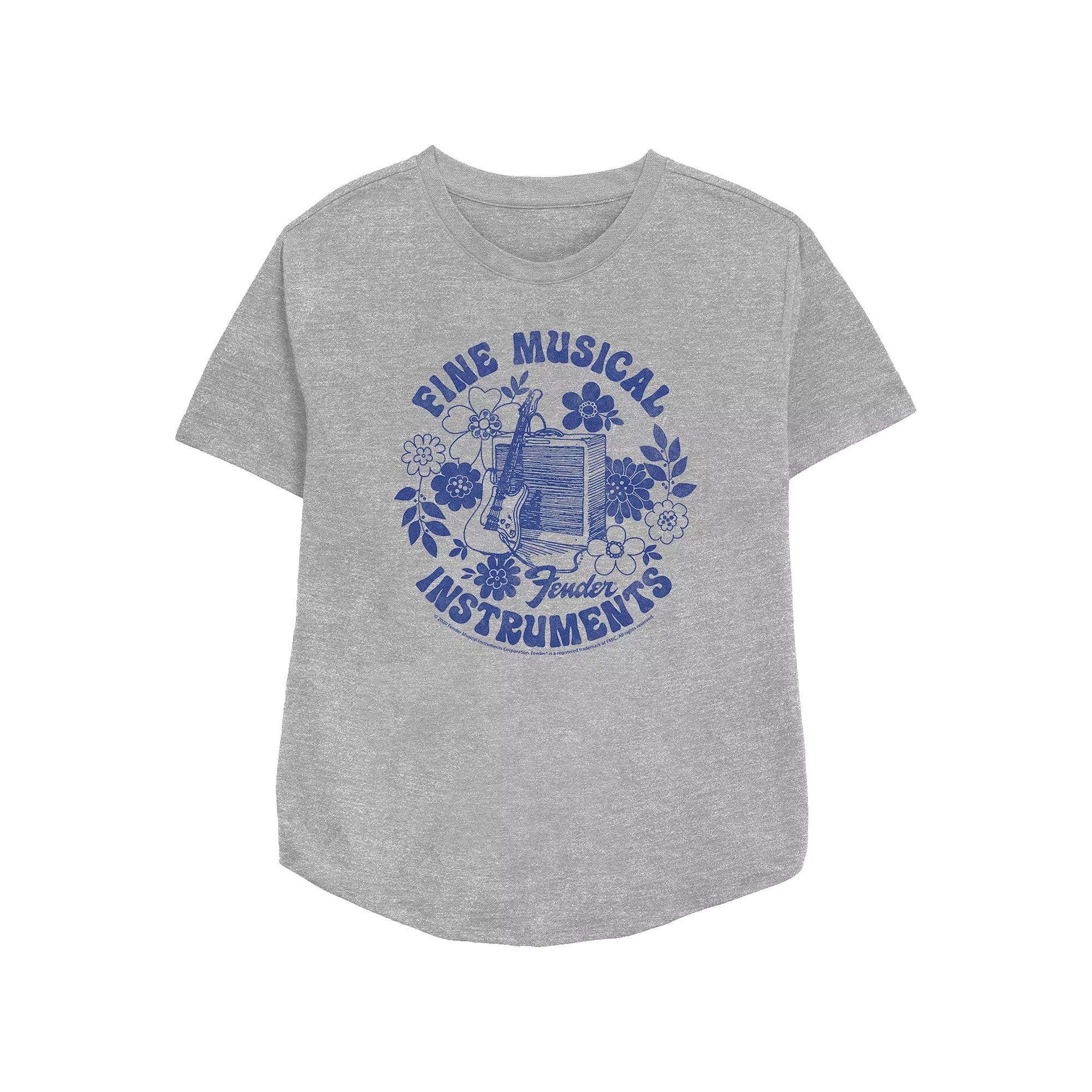Women's Fender Fine Musical Instruments Guitar Flowers Amp Relaxed Fit Graphic Tee, Girl's, Size: Medium, Athletic Grey Product Image