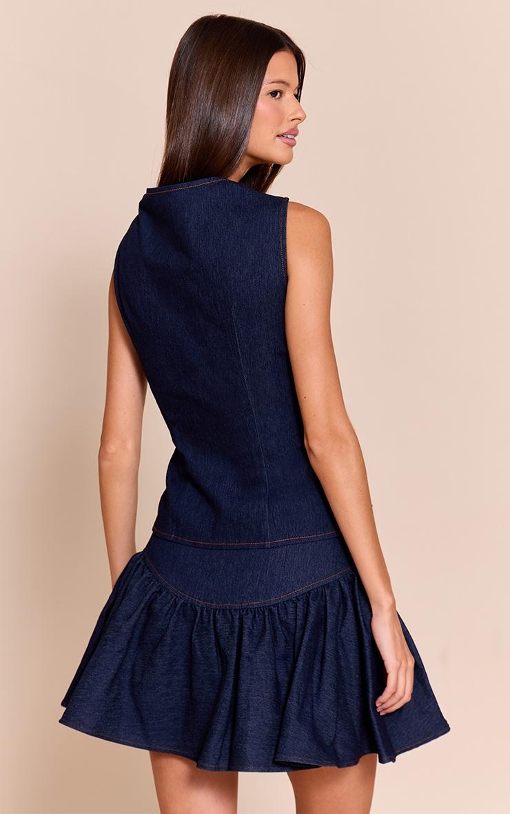 Indigo Blue Chambray Denim Gold Button Detail Top Product Image