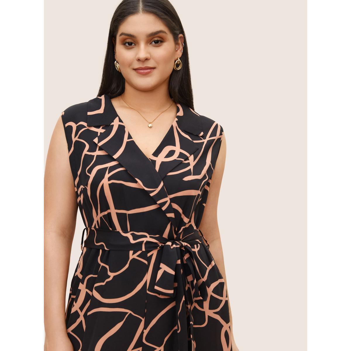 Plus Size Black Abstract Print Suit Collar Belted Jumpsuit Women At the Office Sleeveless Suit Collar Work Loose Jumpsuits BloomChic 28/5X Product Image