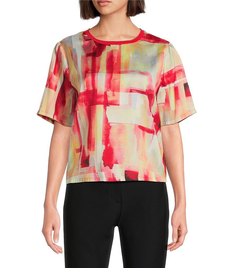 DKNY By Donna Karan Watercolor Print Twill Crew Neck Short Sleeve Top Product Image